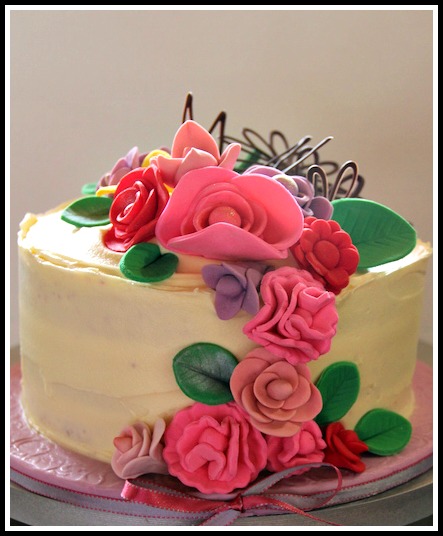 Red Velvet birthday cake with fondant &amp; chocolate flowers